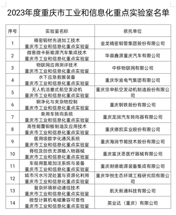2023年重庆市工业和信息化重点实验室名单公布(图1)